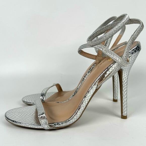 Lulus Women's Silver Snake Stillettos Ankle Strap Clubwear Heels Size 9 - Picture 2 of 7